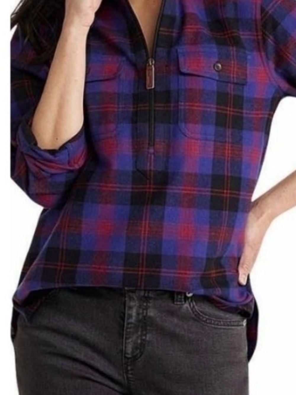L.L. Bean Women's Blue and Red Plaid Half-Zip Tunic